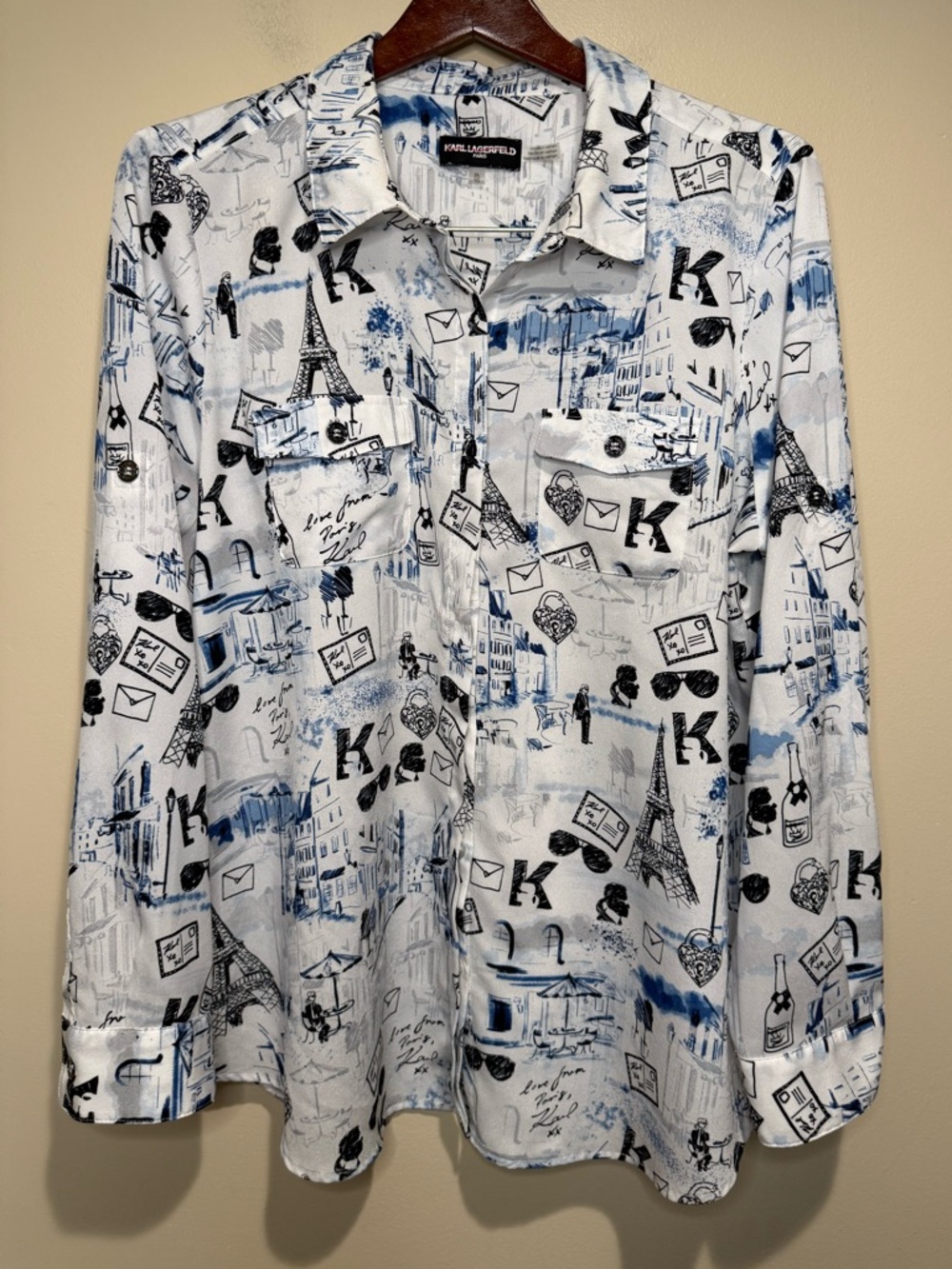 Karl Lagerfeld White Blouse with Black and Blue Paris Print